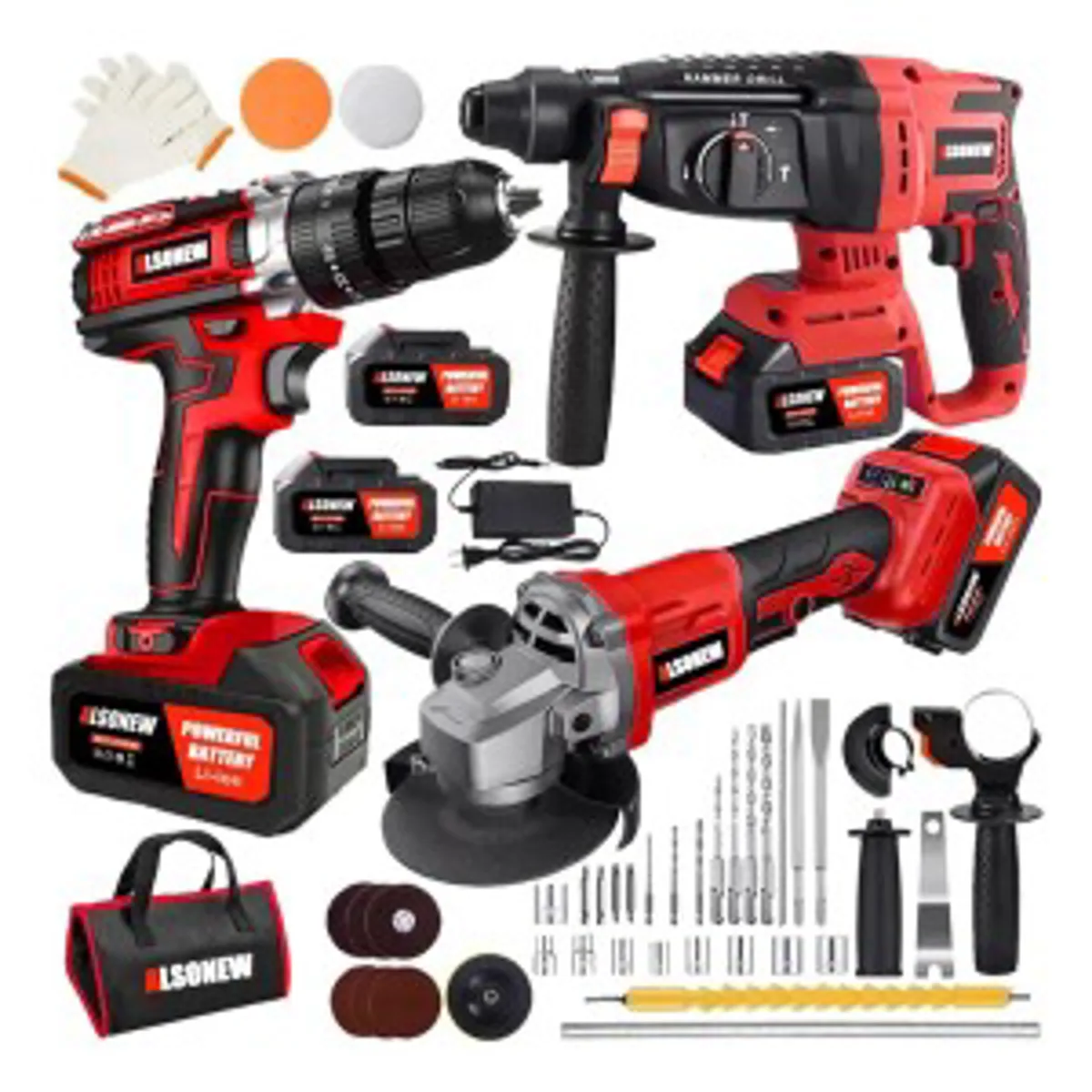 ALSONEW Kit Ferramentas Sem Fio 4 Modelos: Chave Impacto Furadeira Catraca Martelete Esmerilhadeira