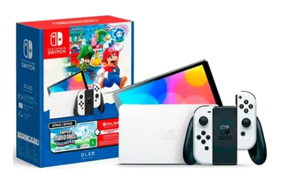 Console Nintendo Switch OLED 64GB com Super Mario Bros Wonder + 3 Meses de Assinatura Nintendo Switch Online Branco
